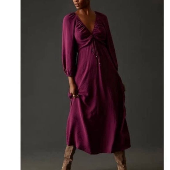 Anthropologie MAEVE Deep-V Neck Ruched Midi Dress- size 6 - Picture 2 of 6